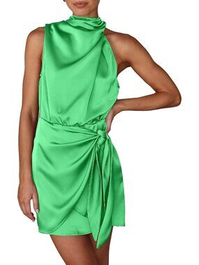 Women's Grass Green Sleeveless Mock Neck Formal Satin Tie Waist Tank Top Dress